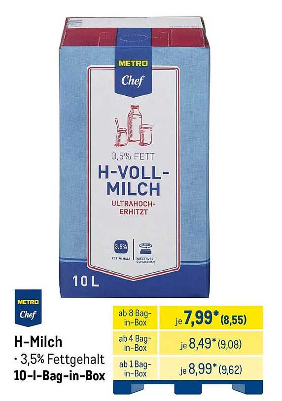 H-Milch · 3,5% Fettgehalt 10-l-Bag-in-Box