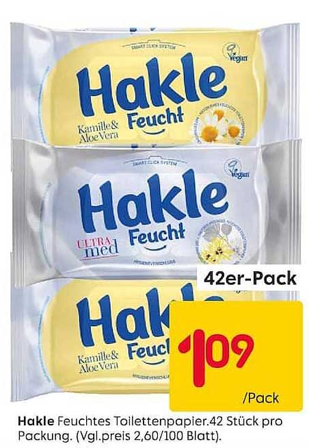 Hakle Feuchtes Toilettenpapier. 42 Stück pro Packung. (Vgl.preis 2,60/100 Blatt).
