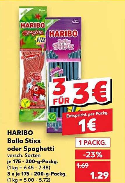 HARIBO Balla Stixx oder Spaghetti versc. Sorten je 175 - 200-g-Packg. (1 kg = 6.45 - 7.38) 3 x je 175 - 200-g-Packg. (1 kg = 5.00 - 5.72)