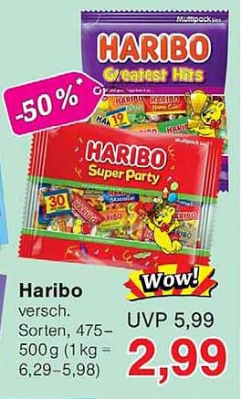 Haribo versch. Sorten, 475–500 g (1 kg = 6,29–5,98)