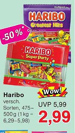 Haribo versch. Sorten, 475–500 g (1 kg = 6,29–5,98)