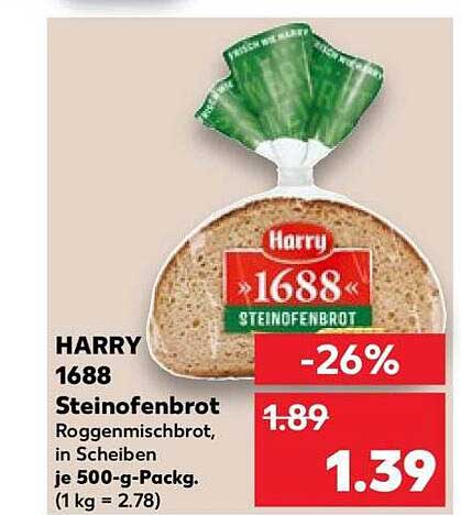 HARRY 1688 Steinofenbrot Roggenmischbrot, in Scheiben je 500-g-Pack. (1 kg = 2.78)