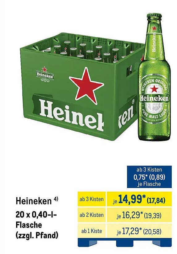 Heineken 20 x 0,40-l-Flasche (zzgl. Pfand)
