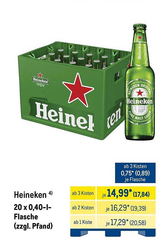 Heineken 20 x 0,40-l-Flasche (zzgl. Pfand)