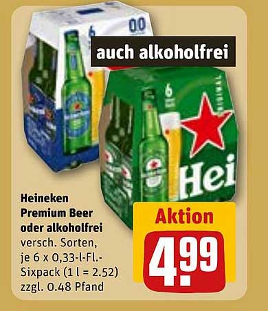 Heineken Premium Beer oder alkoholfrei versch. Sorten, je 6 x 0,33-l-Fl.-Sixpack (1 l = 2.52) zzgl. 0.48 Pfand