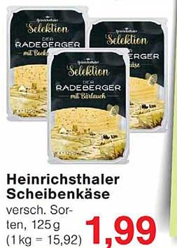 Heinrichsthaler Scheibenkäse versch. Sorten, 125 g (1 kg = 15,92)