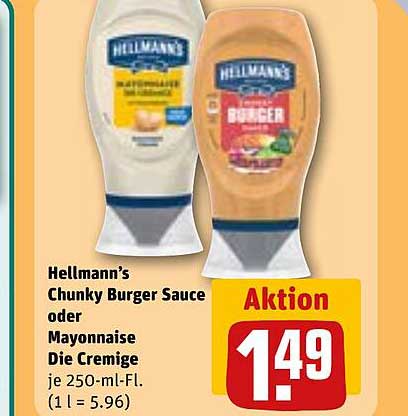 Hellmann’s Chunky Burger Sauce oder Mayonnaise Die Cremige je 250-ml-Fl. (1 l = 5.96) Aktion