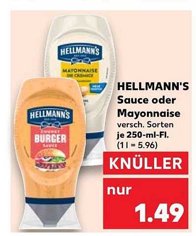 HELLMANN'S Sauce oder Mayonnaise versch. Sorten je 250-ml-Fl. (1 l = 5.96)