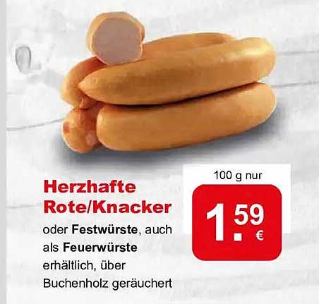 Herzhafte Rote/Knacker oder Festwürste, auch als Feuerwürste erhältlich, über Buchenholz geräuchert