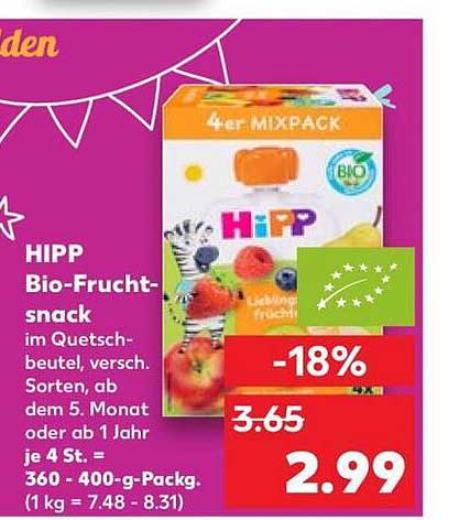 HIPP Bio-Frucht-snack im Quetschbeutel, versch. Sorten, ab dem 5. Monat oder ab 1 Jahr je 4 St. - 400-g-Packg. (1 kg = 7.48 - 8.31)