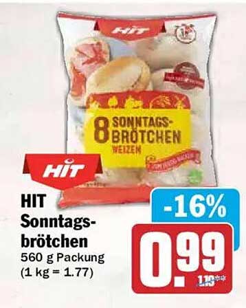 HIT Sonntagsbrötchen 560 g Packung (1 kg = 1.77)