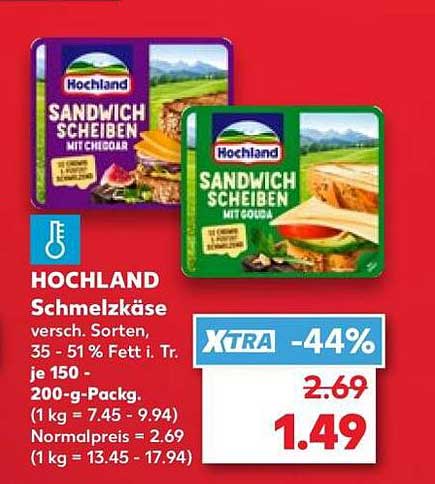 HOCHLAND Schmelzkäse versch. Sorten, 35 - 51 % Fett i. Tr. je 150 - 200-g-Packg. (1 kg = 7.45 - 9.94) Normalpreis 2.69 (1 kg = 13.45 - 17.94)