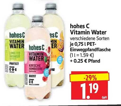 hohes C Vitamin Water verschiedene Sorten je 0,75 l PET-Einwegpfandflasche (1 l = 1.59 €) + 0.25 € Pfand