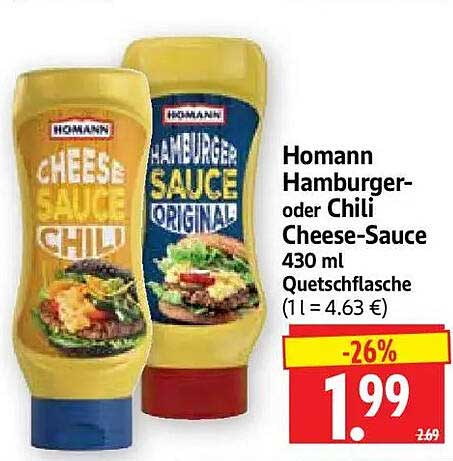 Homann Hamburger- oder Chili Cheese-Sauce 430 ml Quetschflasche (1 l = 4.63 €)