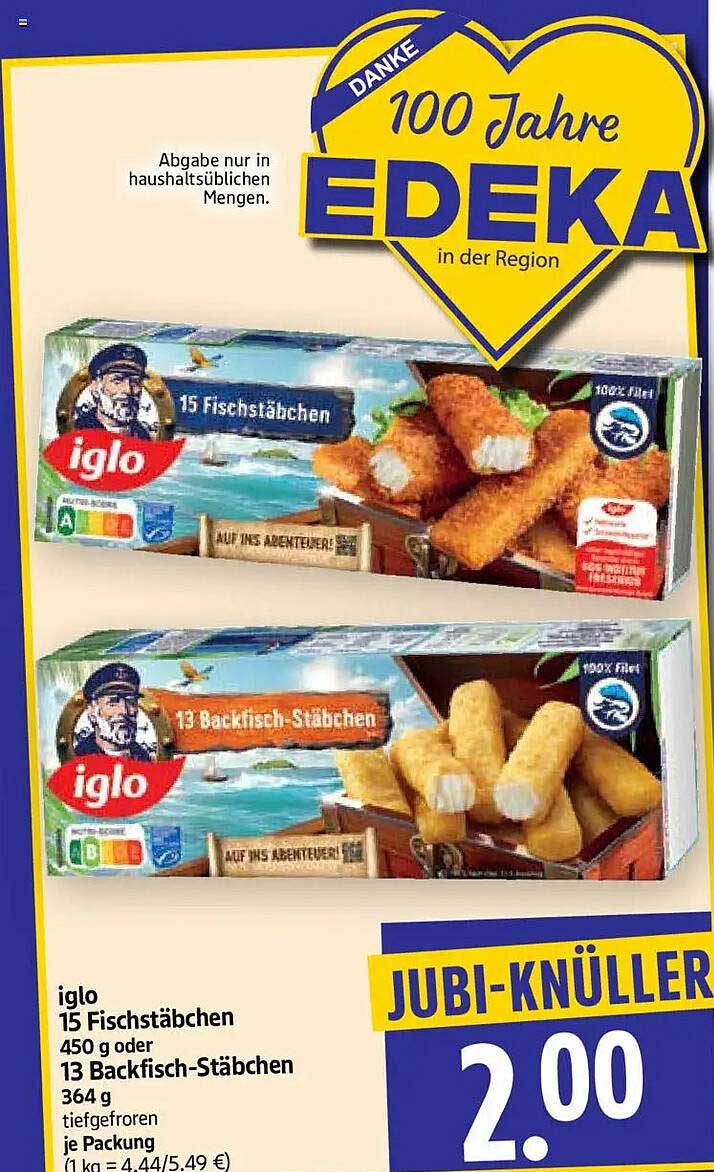 iglo 15 Fischstäbchen 450 g oder 13 Backfisch-Stäbchen 364 g tiefgefroren je Packung