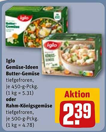 Iglo Gemüse-Ideen Butter-Gemüse tiefgefroren, je 450-g-Pckg. (1 kg = 5.31) oder Rahm-Königsgemüse tiefgefroren, je 500-g-Pckg. (1 kg = 4.78)