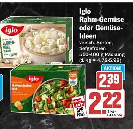 Iglo Rahm-Gemüse oder Gemüse-Ideen versch. Sorten, tiefgefroren 500-400 g Packung (1 kg = 4.78-5.98)