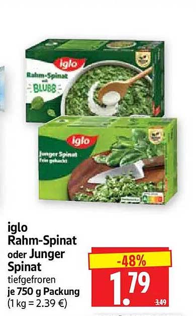 iglo Rahm-Spinat oder Junger Spinat tiefgefroren je 750 g Packung (1 kg = 2.39 €)