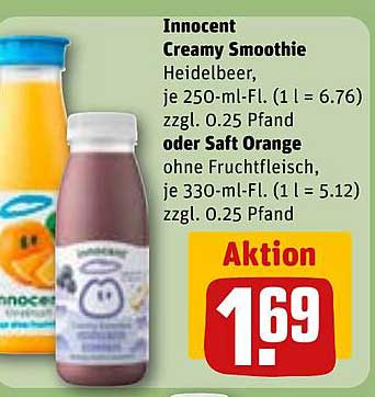 Innocent Creamy Smoothie Heidelbeer, je 250-ml-Fl. (1 l = 6.76) zzgl. 0.25 Pfand oder Saft Orange ohne Fruchtfleisch, je 330-ml-Fl. (1 l = 5.12) zzgl. 0.25 Pfand
