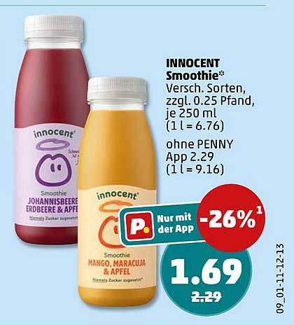 INNOCENT Smoothie* Versch. Sorten, zzgl. 0.25 Pfand, je 250 ml (1 l = 6.76) ohne PENNY App 2.29 (1 l = 9.16)
