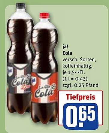 ja! Cola versch. Sorten, koffeinhaltig, je 1,5-l-Fl. (1 l = 0,43) zzgl. 0,25 Pfand