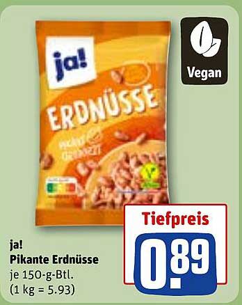 ja! Pikante Erdnüsse je 150-g-Btl. (1 kg = 5.93)