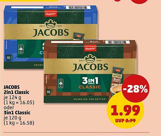 JACOBS 2in1 Classic je 124 g (1 kg = 16.05) oder 3in1 Classic je 120 g (1 kg = 16.58)
