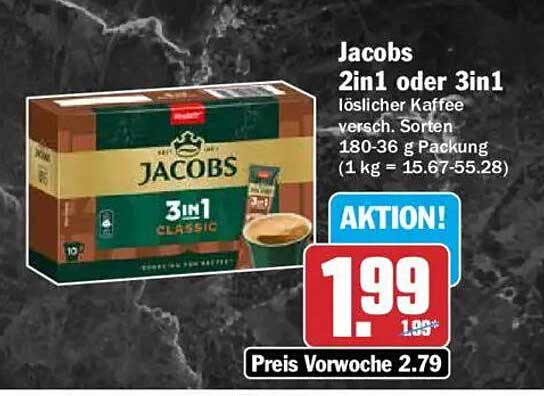Jacobs 2in1 oder 3in1 löslicher Kaffee versch. Sorten 180-36 g Packung