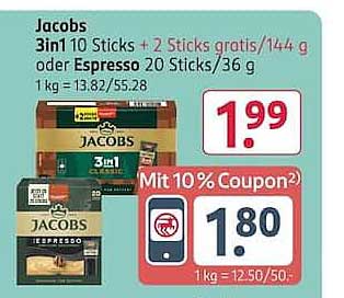 Jacobs 3in1 10 Sticks + 2 Sticks gratis / 144 g oder Espresso 20 Sticks / 36 g