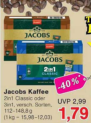 Jacobs Kaffee 2in1 Classic oder 3in1, versch. Sorten, 112–148,8 g (1 kg = 15,98–12,03)