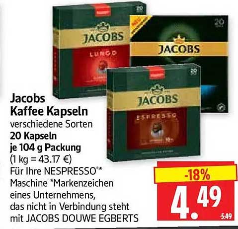Jacobs Kaffee Kapseln verschiedene Sorten 20 Kapseln je 104 g Packung