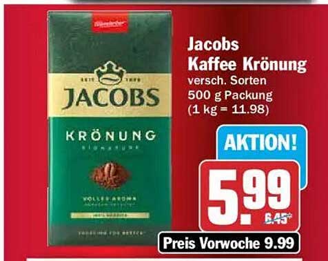 Jacobs Kaffee Krönung versch. Sorten 500 g Packung (1 kg = 11.98)