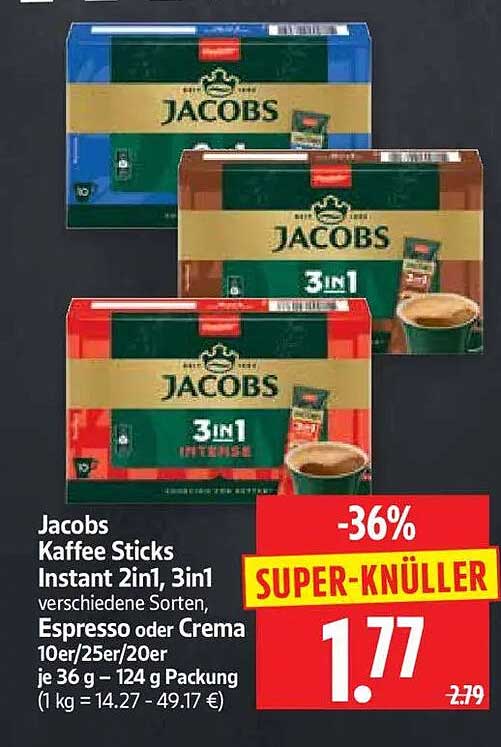 Jacobs Kaffee Sticks Instant 2in1, 3in1 verschiedene Sorten, Espresso oder Crema 10er/25er/20er je 36 g – 124 g Packung (1 kg = 14.27 - 49.17 €)