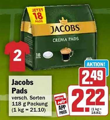 Jacobs Pads versch. Sorten 118 g Packung (1 kg = 21.10)