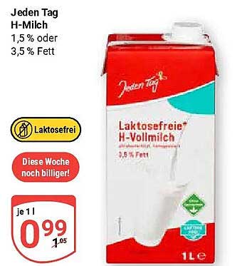 Jeden Tag Laktosefreie H-Vollmilch 0,5 % Fett