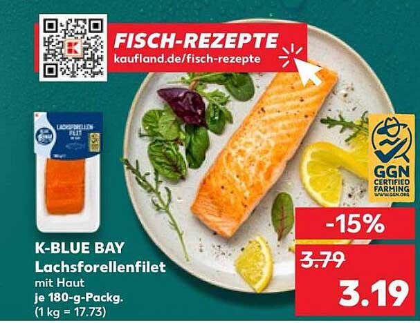 K-BLUE BAY Lachsforellenfilet mit Haut je 180-g-Packg. (1 kg = 17.73)