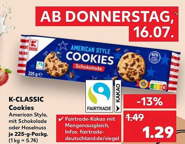 K-CLASSIC Cookies American Style, mit Schokolade oder Haselnuss je 225-g-Packg.