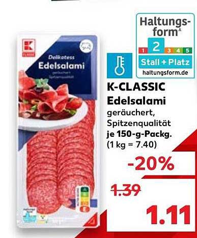 K-CLASSIC Edelsalami geräuchert, Spitzenqualität je 150-g-Packg. (1 kg = 7.40)