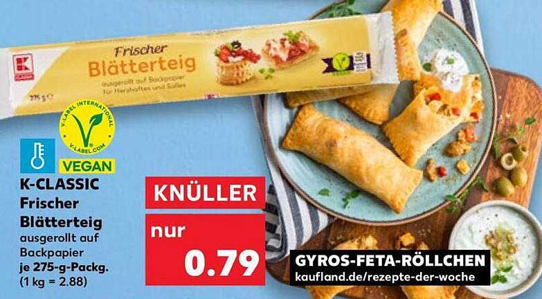 K-CLASSIC Frischer Blätterteig ausgerollt auf Backpapier je 275-g-Pack. (1 kg = 2.88)