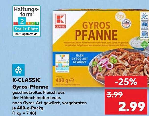 K-CLASSIC Gyros-Pfanne geschnetzeltes Fleisch aus der Hähnchenoberkeule, nach Gyros-Art gewürzt, vorgebraten je 400-g-Packg. (1 kg = 7.48)
