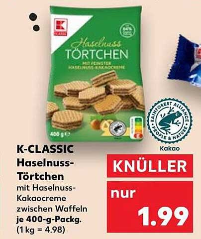 K-CLASSIC Haselnuss-Törtchen mit Haselnuss-Kakaocreme zwischen Waffeln je 400-g-Packg.