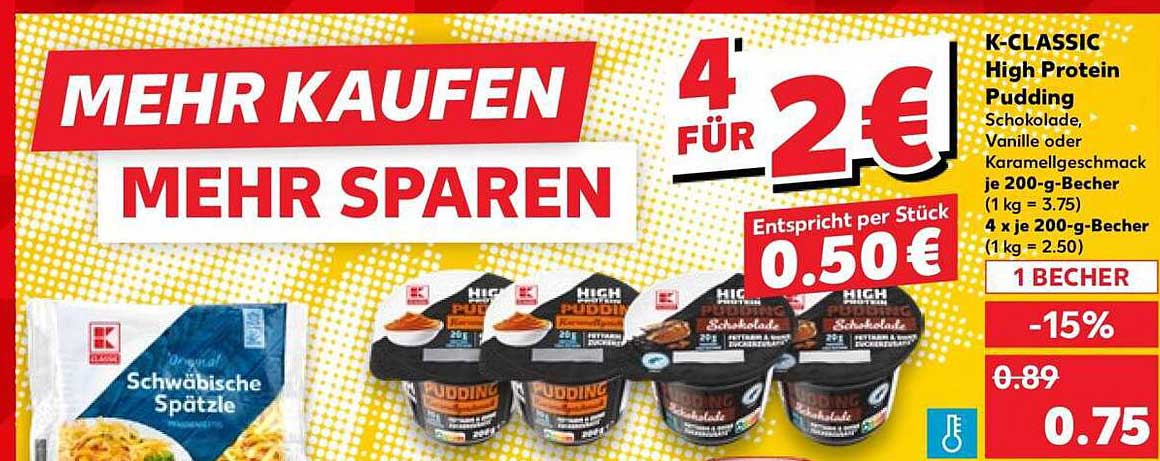 K-CLASSIC High Protein Pudding Schokolade, Vanille oder Karamellgeschmack je 200-g-Becher