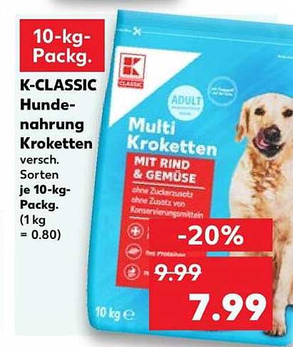 K-CLASSIC Hunde-nahrung Kroketten versch. Sorten je 10-kg-Packg. (1 kg = 0.80)