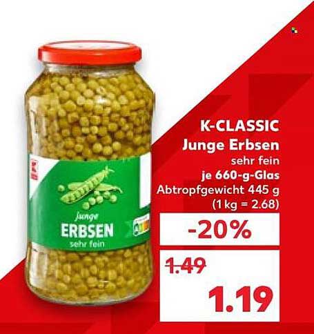 K-CLASSIC Junge Erbsen sehr fein je 660-g-Glas Abtropfgewicht 445 g (1 kg = 2.68)