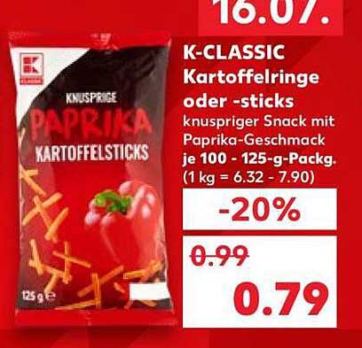 K-CLASSIC Kartoffelringe oder -sticks knuspriger Snack mit Paprika-Geschmack je 100 - 125-g-Packg. (1 kg = 6.32 - 7.90)
