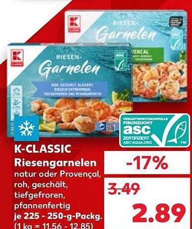 K-CLASSIC Riesengarnelen natur oder Provençal, roh, geschält, tiefgefroren, pfannenfertig je 225 - 250-g-Packg.