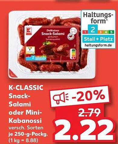 K-CLASSIC Snack-Salami oder Mini-Kabanossi versch. Sorten je 250-g-Packg. (1 kg = 8.88)
