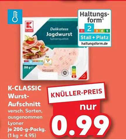 K-CLASSIC Wurst-Aufschnitt vers. Sorten, ausgenommen Lyoner 200-g-Packg. (1 kg = 4.95)