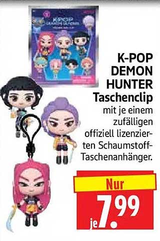 K-POP DEMON HUNTER Taschenclip mit je einem zufälligen offiziell lizenzierten Schaumstoff-Taschenanhänger.