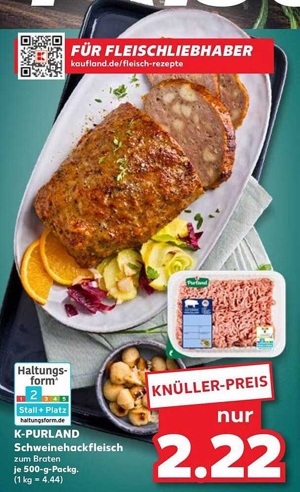 K-PURLAND Schweinehackfleisch zum Braten je 500-g-Packg. (1 kg = 4.44)
